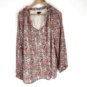Talbots Top Size XL Womens Pink Floral Print Ruffle Tunic V Neck Chiffon Shirt